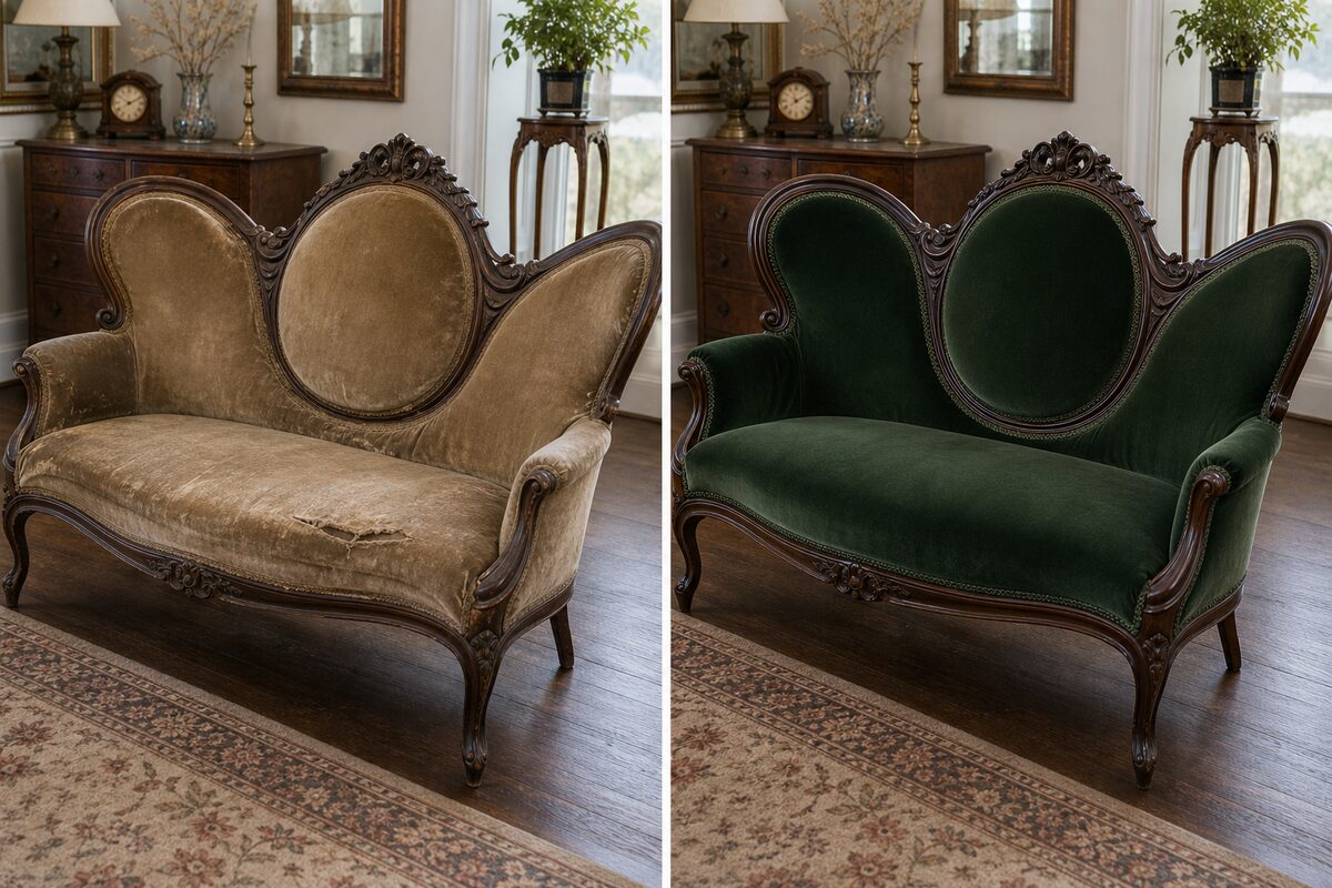 Victorian settee before and after restoration