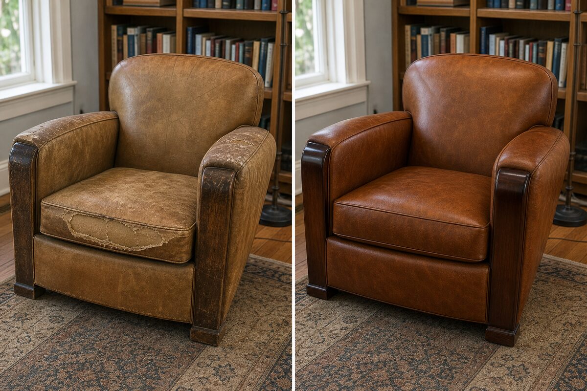 Art Deco club chair before and after cognac leather restoration