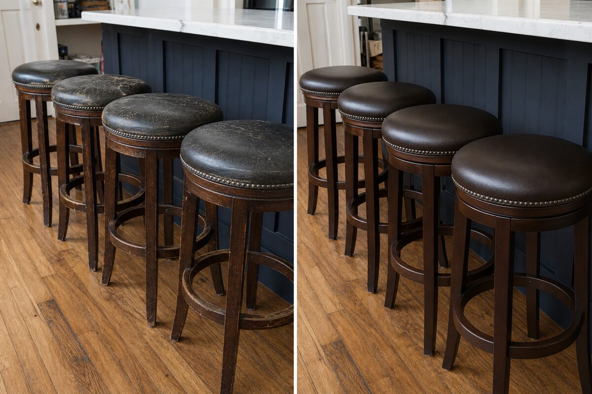Commercial bar stools before and after brown vinyl reupholstery