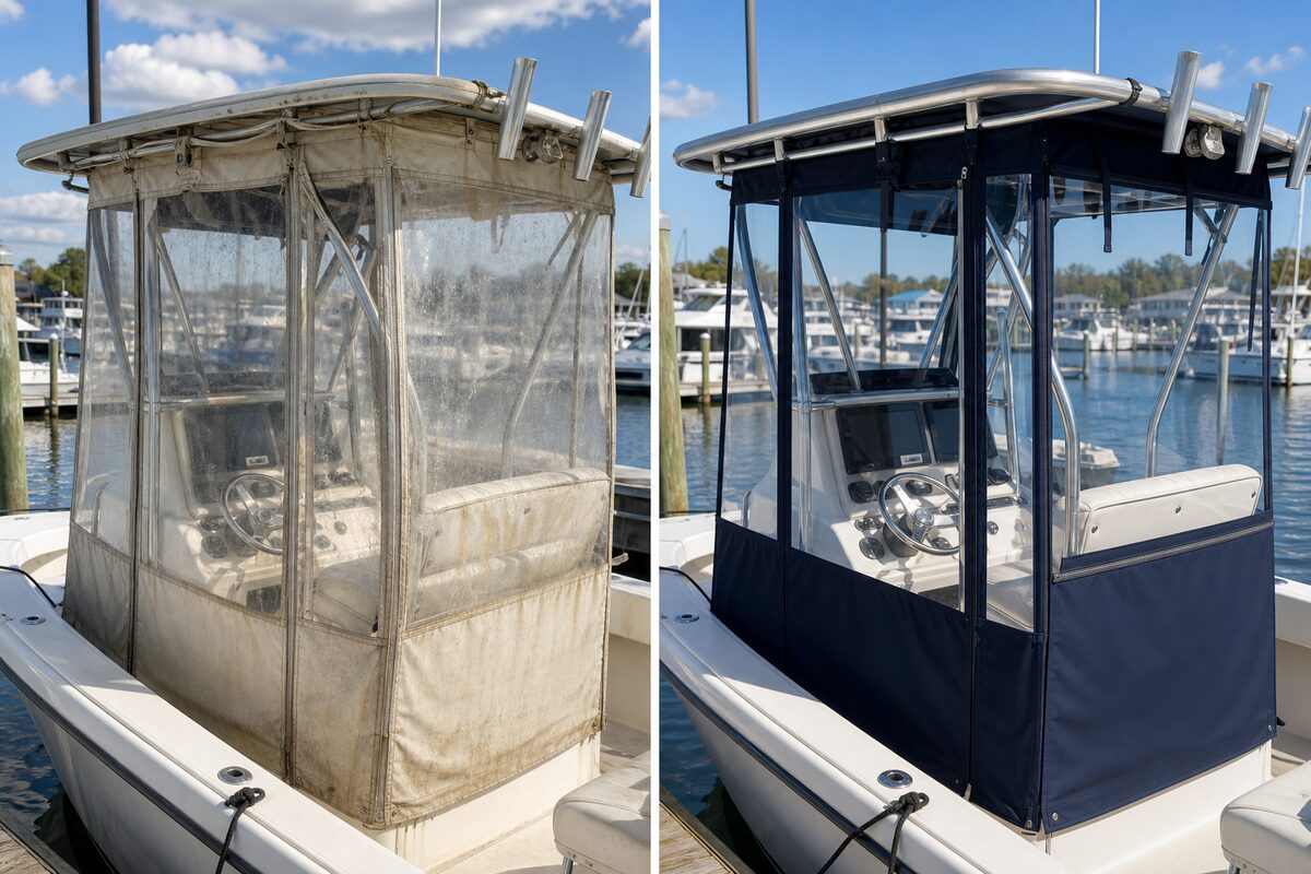 Boat T-top enclosure before and after replacement