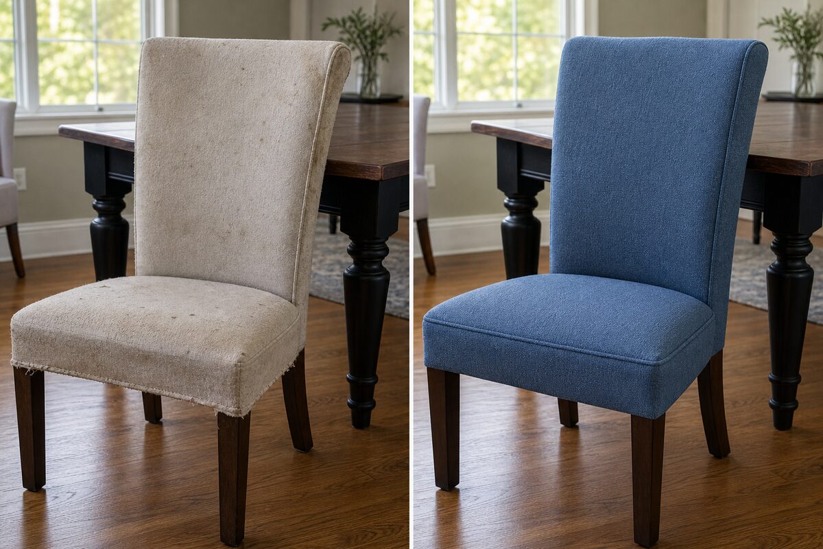 Dining chair set before and after blue performance fabric reupholstery