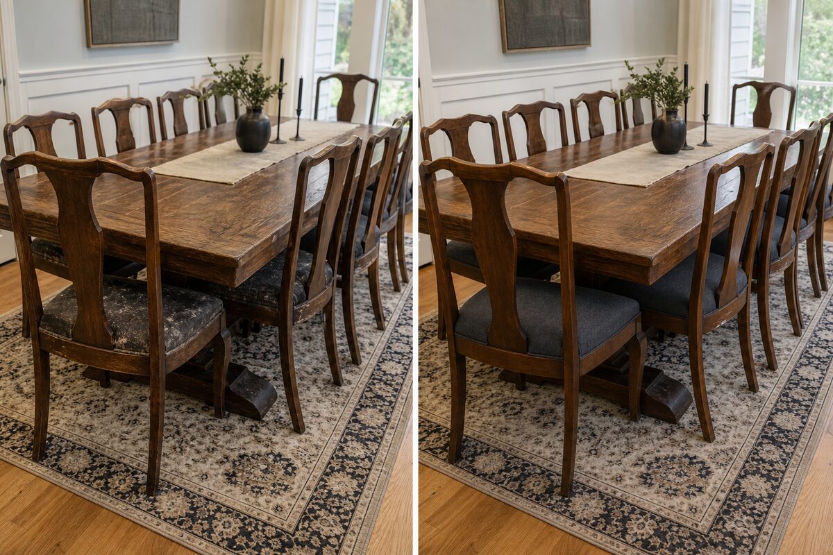 Dining chair set before and after charcoal fabric reupholstery