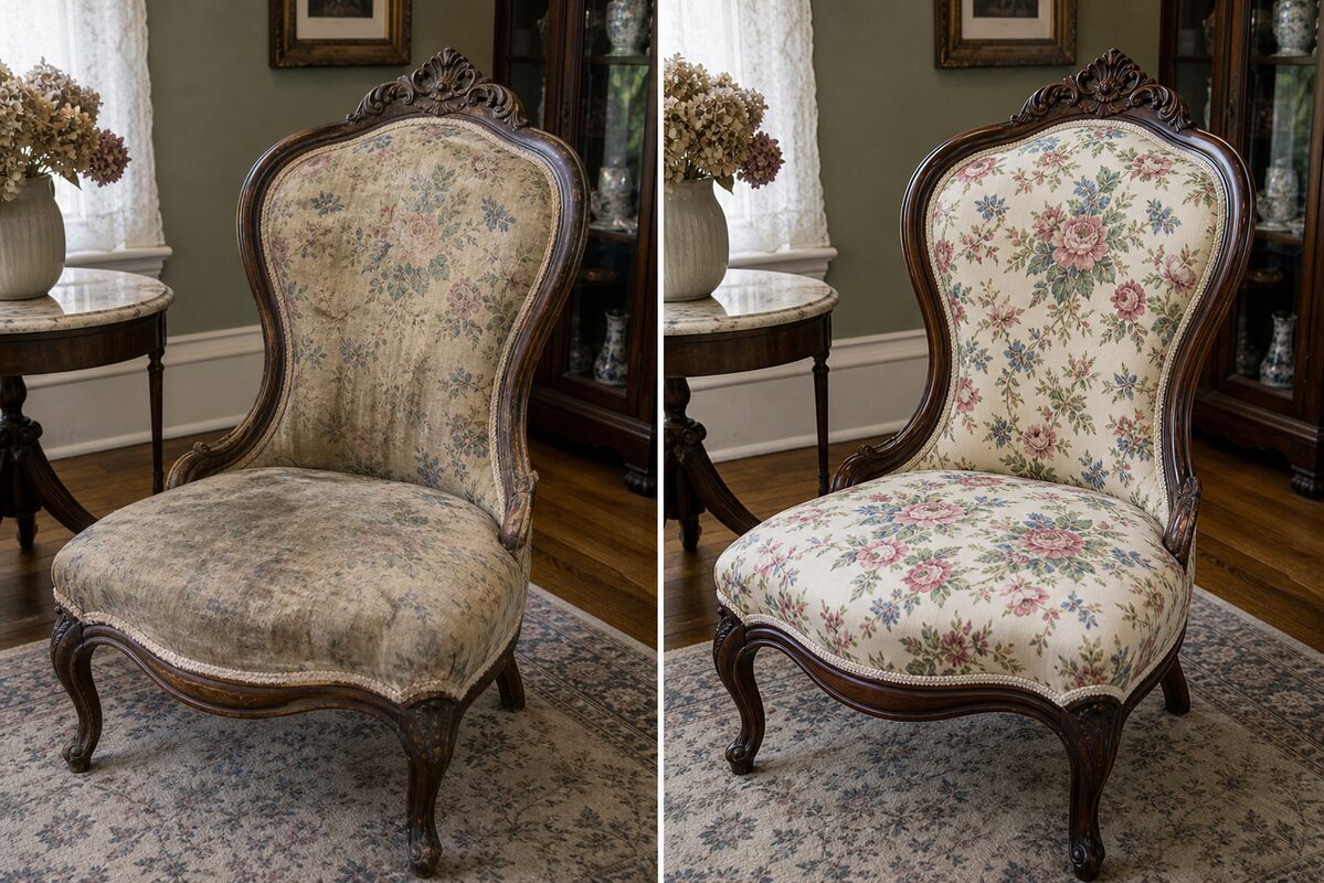 Edwardian parlor chair before and after new padding and fabric