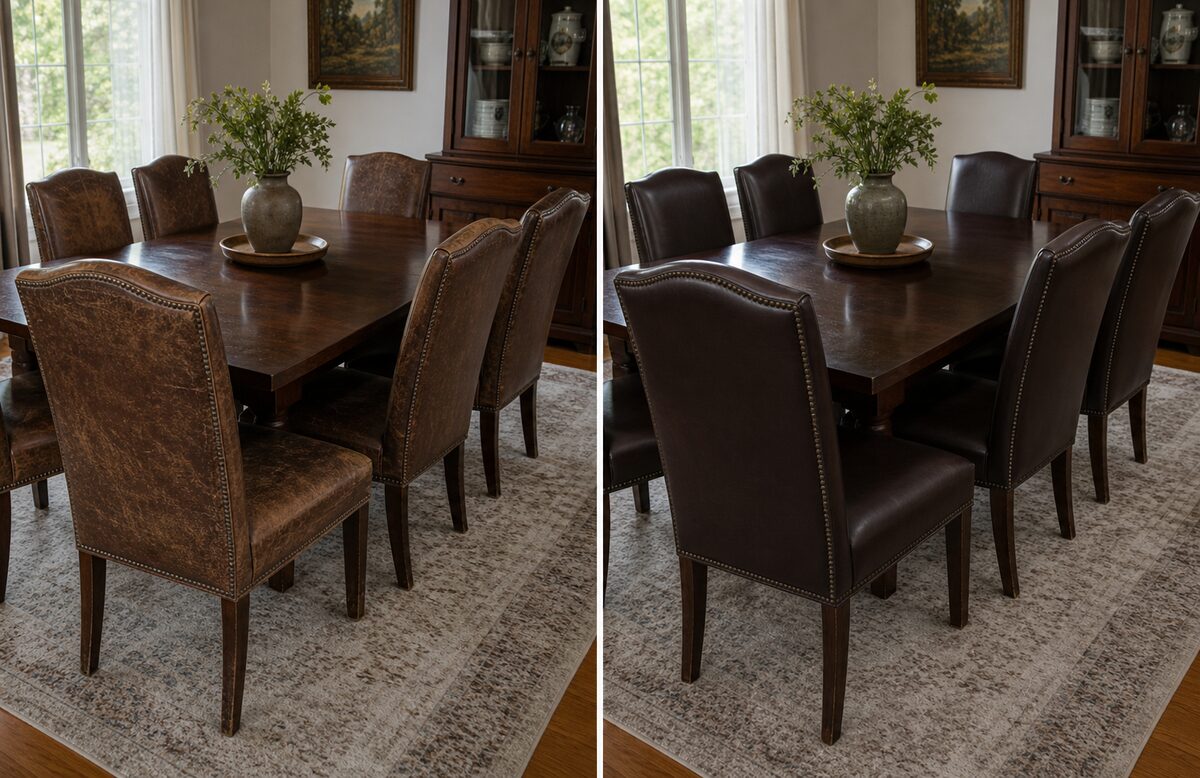 Leather dining chairs before and after cleaning and recoloring
