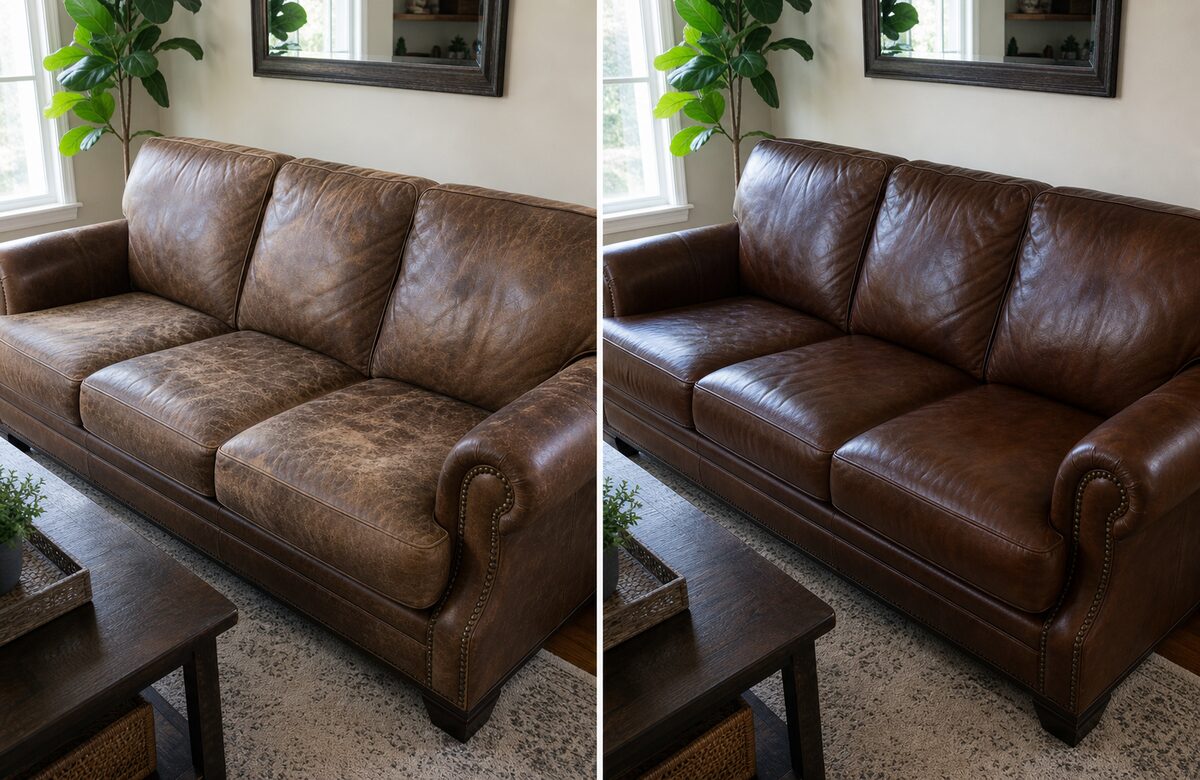 Leather sofa before and after color restoration