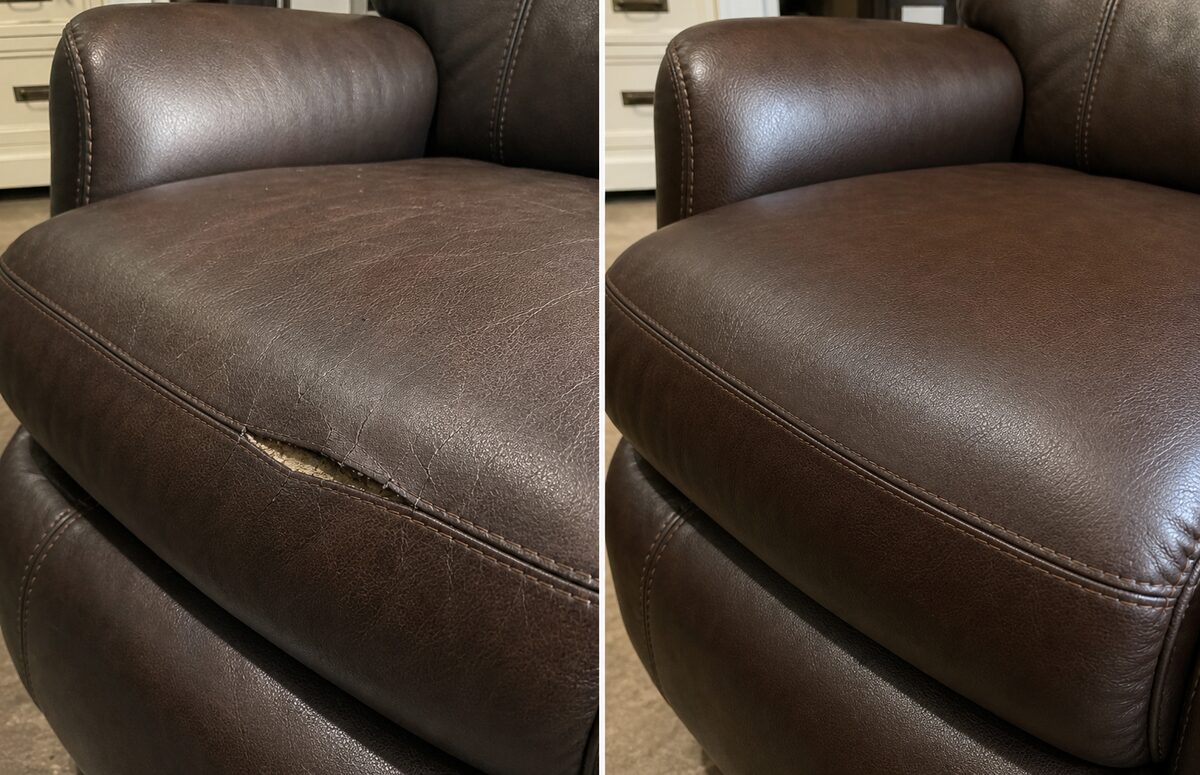 Leather recliner seat tear before and after repair