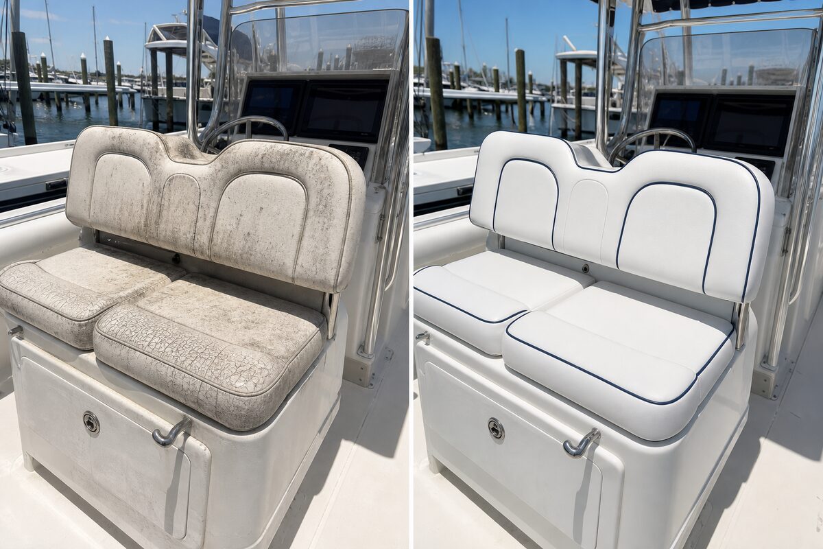 Center console boat seat before and after marine vinyl reupholstery