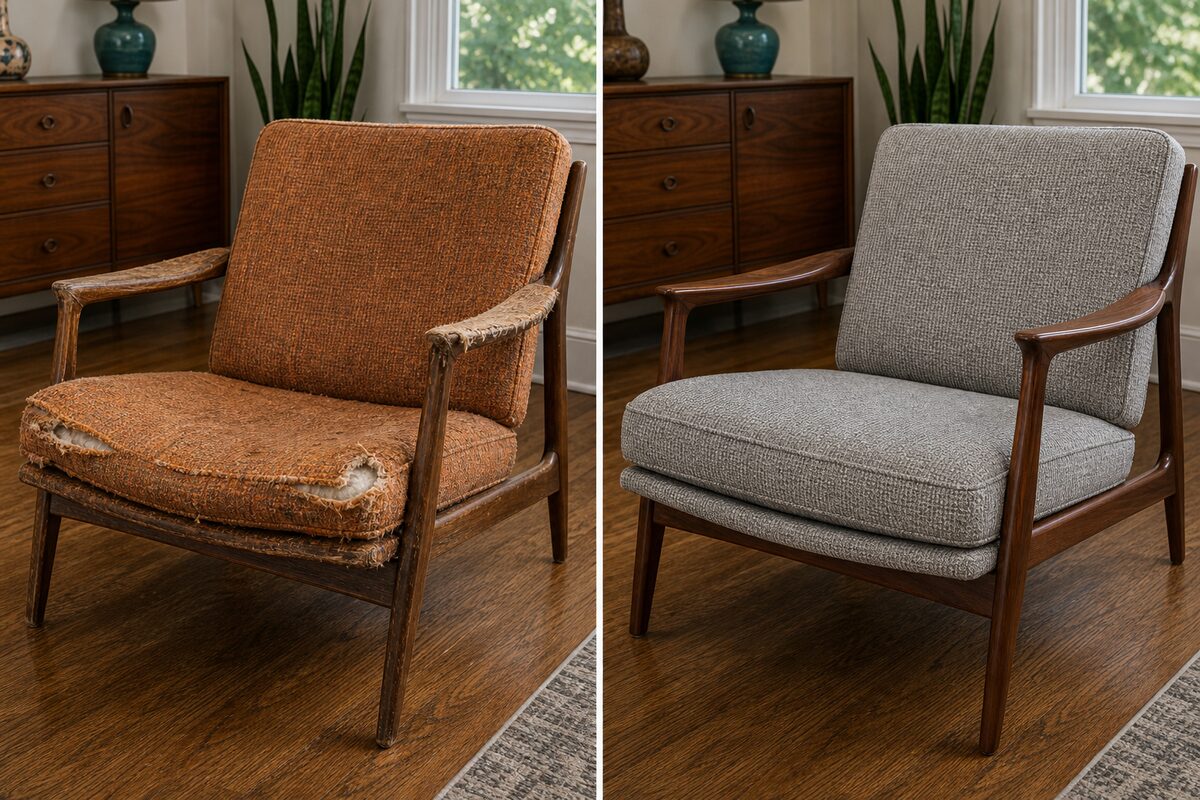 Mid-century modern lounge chair before and after fabric replacement