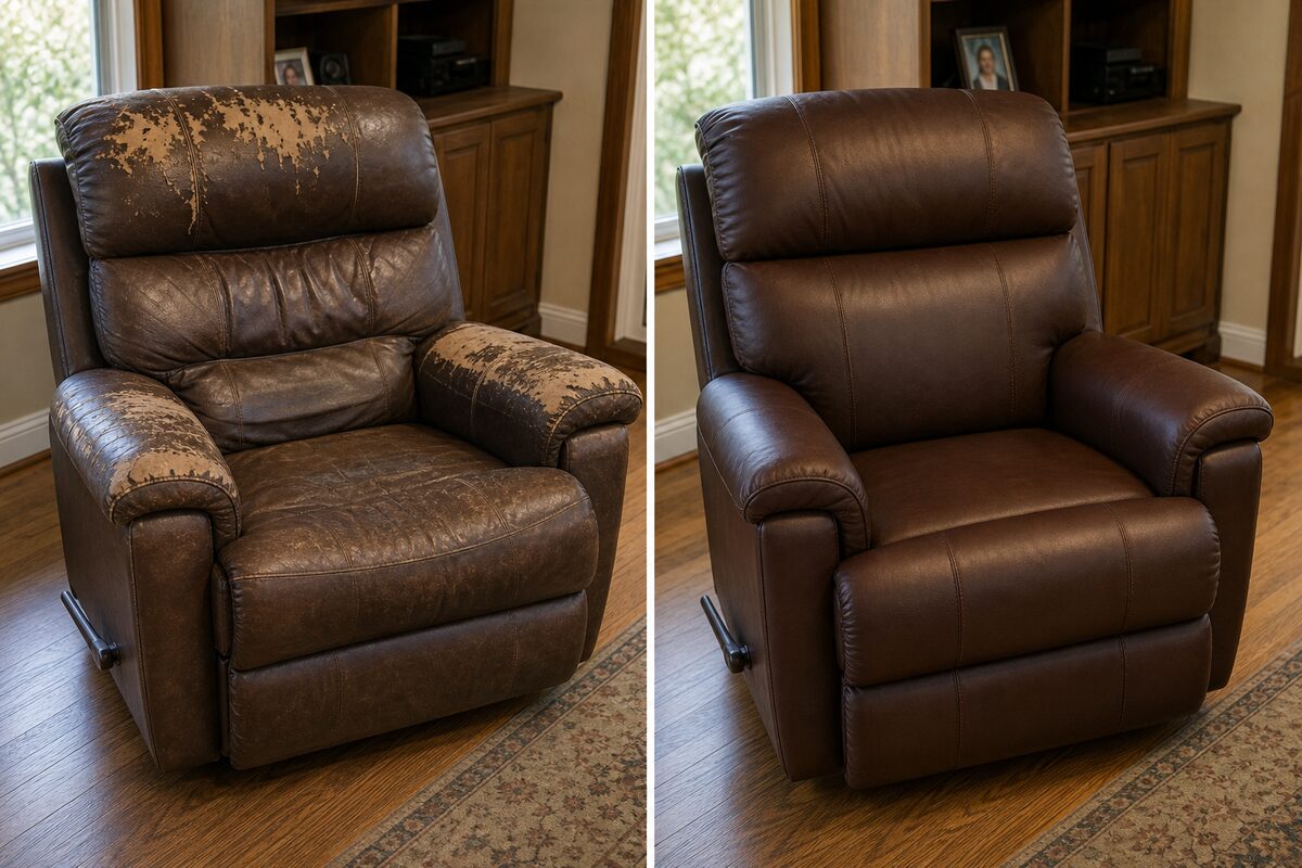 Leather recliner before and after repair