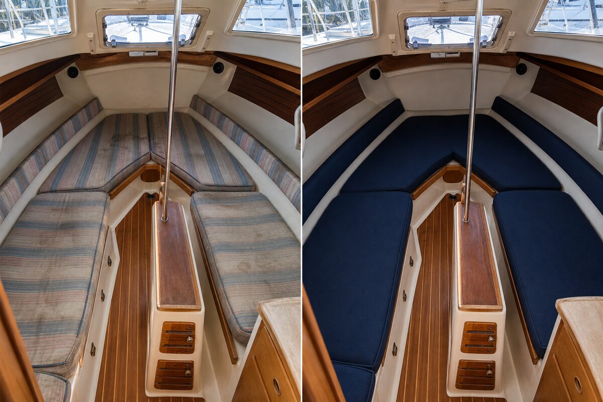 Sailboat cabin cushions before and after replacement