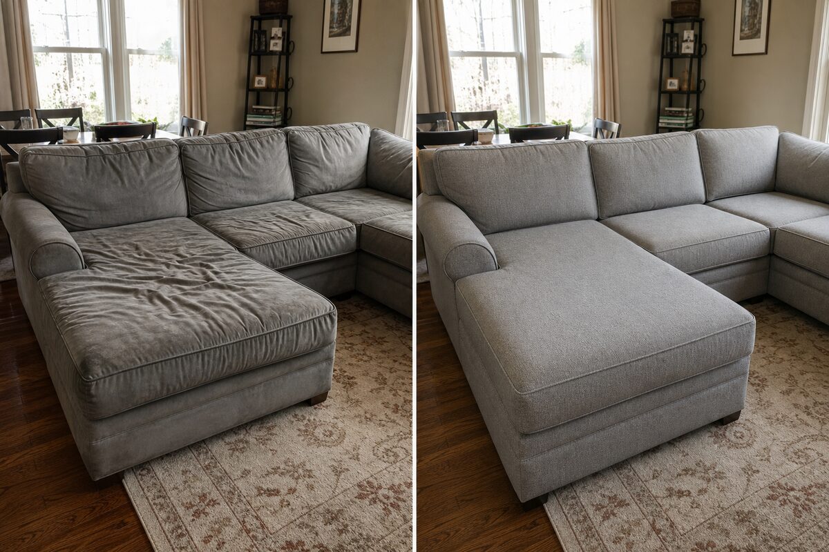L-shape sectional sofa before and after gray performance fabric reupholstery
