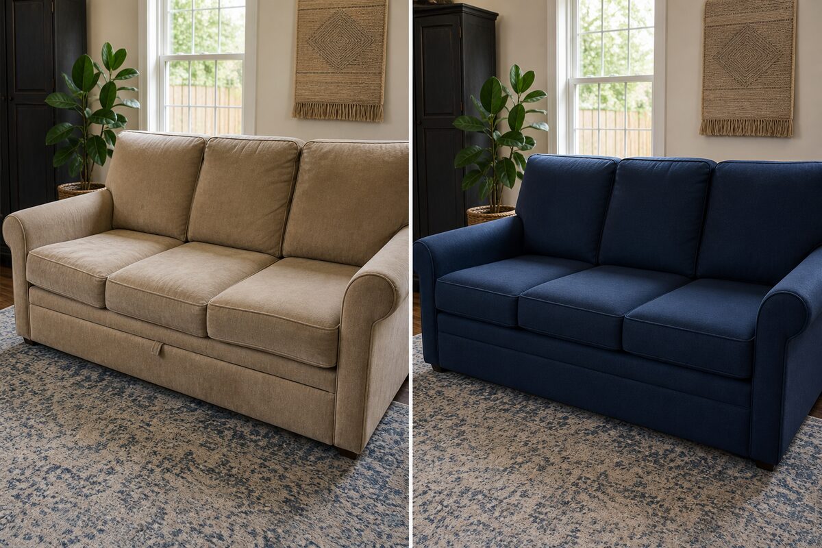 Sleeper sofa before and after navy upholstery