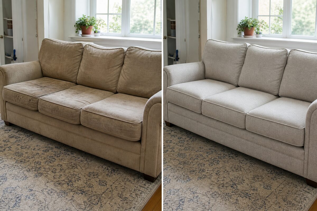 Three-seat sofa before and after reupholstery