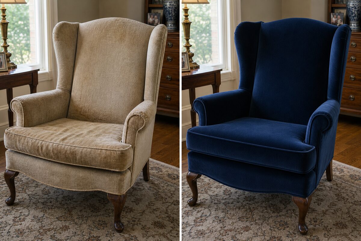 Vintage wingback chair before and after navy velvet restoration