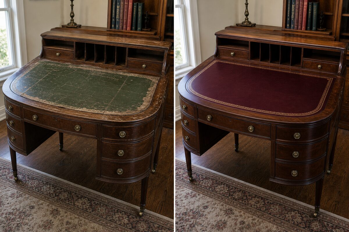 Federal writing desk before and after leather top replacement