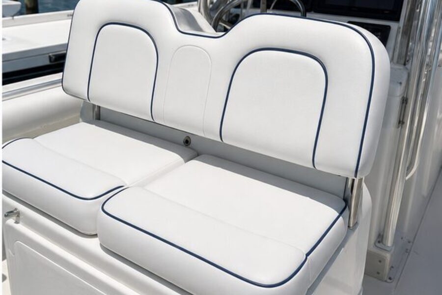 Marine upholstery specialist working on boat seats in Monmouth County NJ