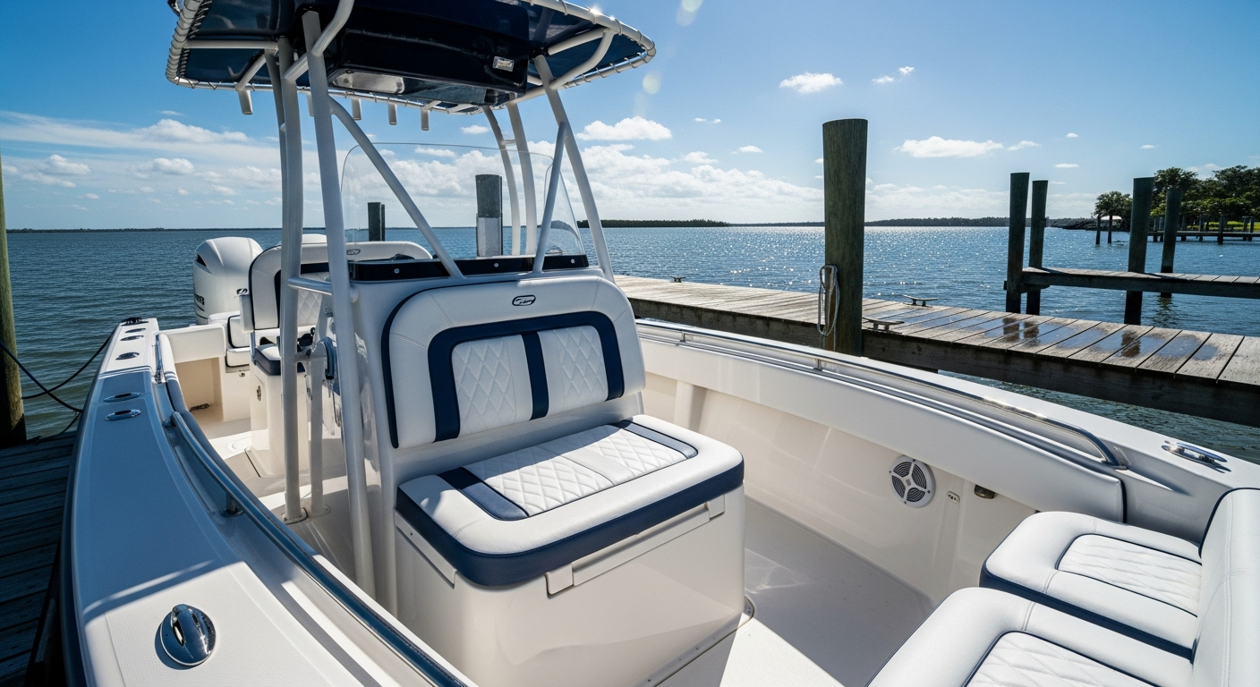 Center console fishing boat with new vinyl seat cushions