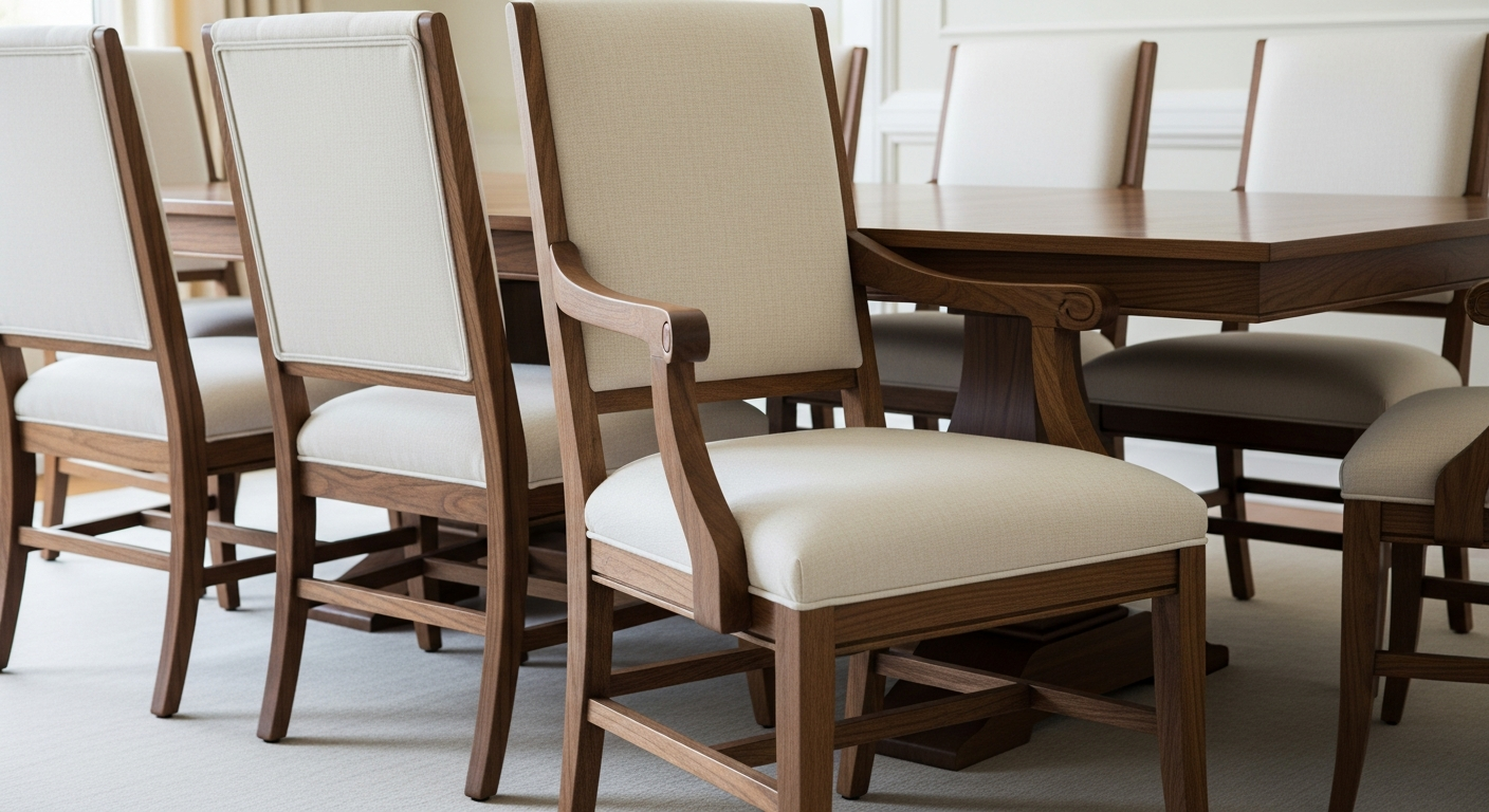 Set of six reupholstered dining chairs in cream linen