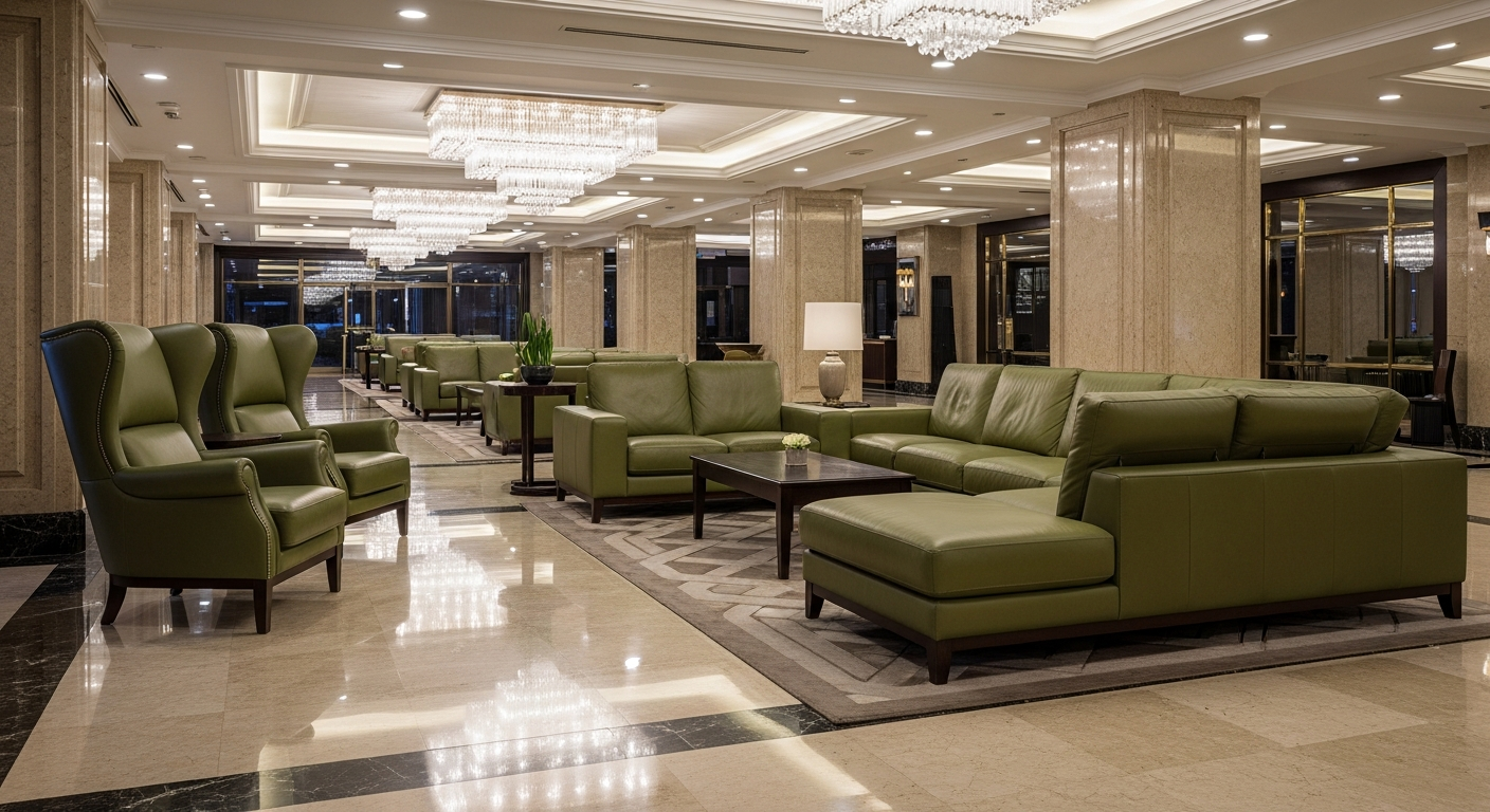Hotel lobby with custom olive green leather seating